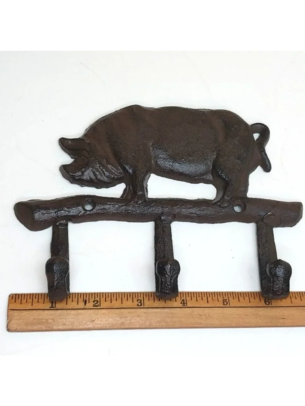 Cast Iron Pig Shaped Triple Wall Hook Key Rack Rustic Brown Finish BBQ Farmhouse